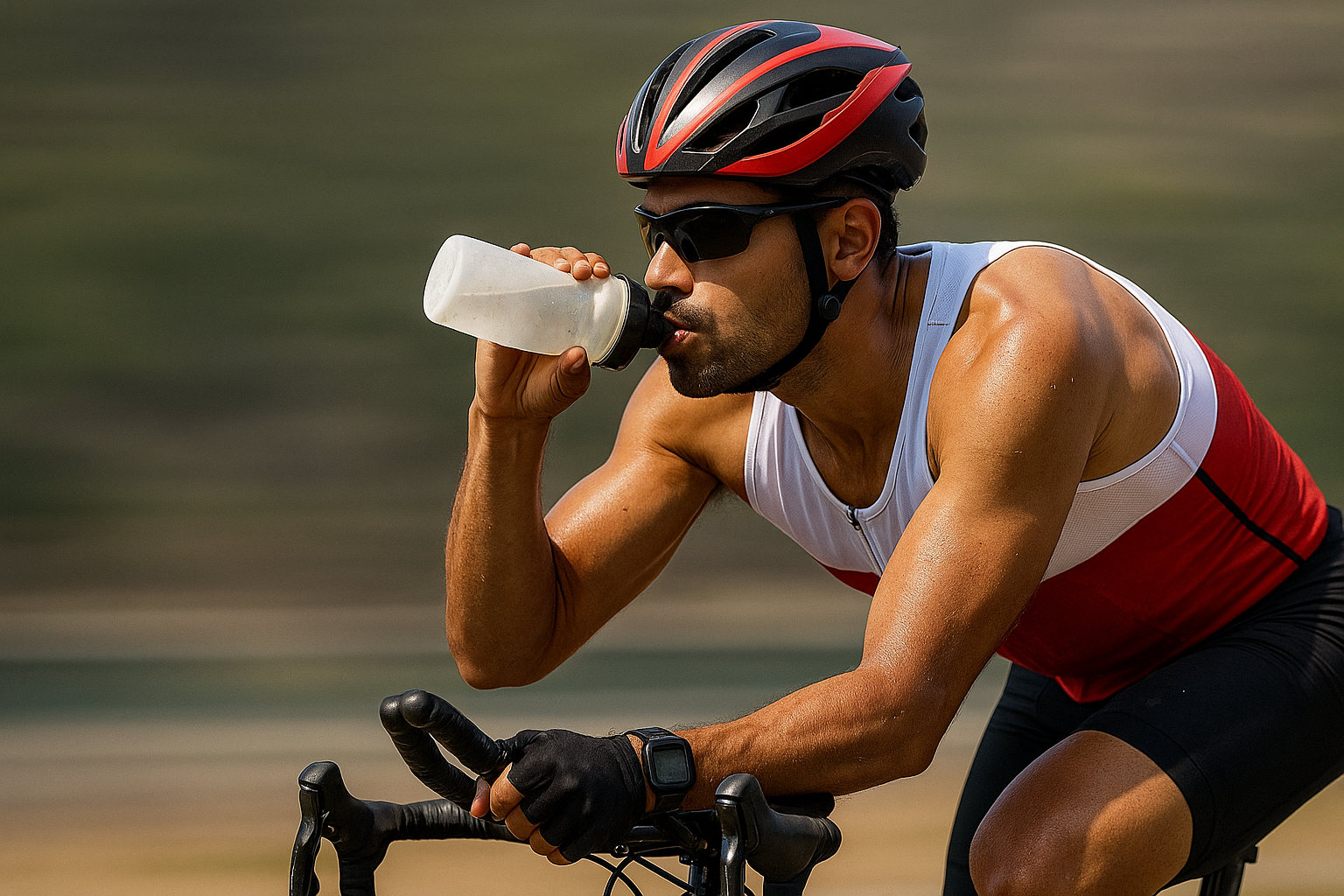 A male triathlete hydrates on the bike during a long-distance triathlon, showing effective race-day hydration strategy.