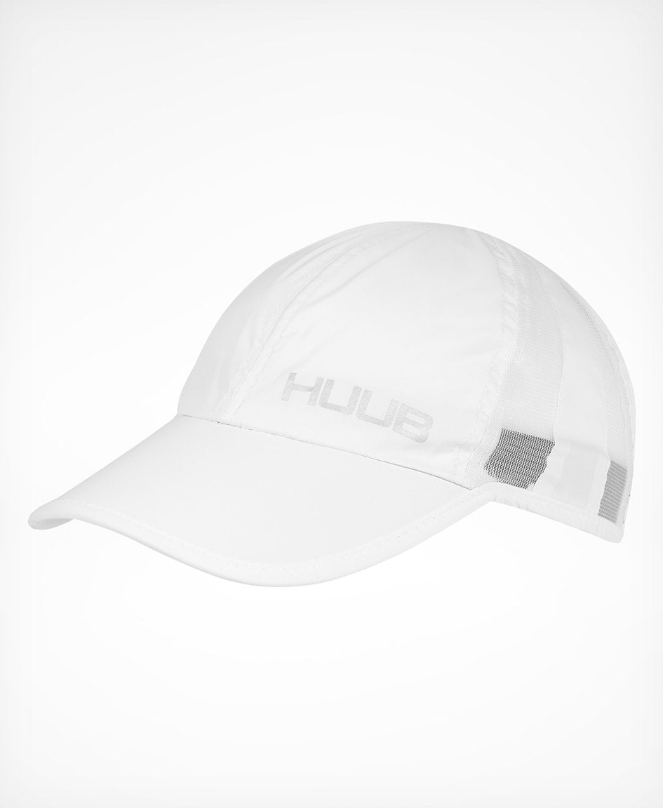 HUUB Race Cap II – mesh, flat panel, race running cap in Coral, White, or Black, ultra-lightweight and adjustable.