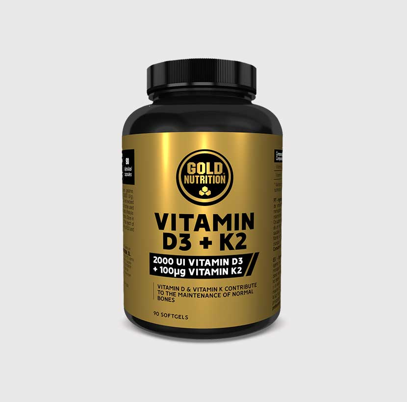 GoldNutrition Vitamin D3 + K2 softgel capsules, 90-count, supplement for bone and immune health, with yellow softgel capsules visible
