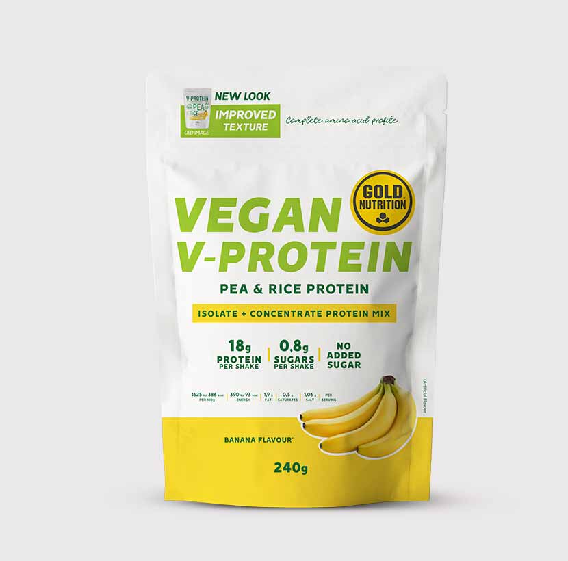 GoldNutrition V-PROTEIN hazelnut flavor in a 240g container, featuring a scoop and protein powder texture.