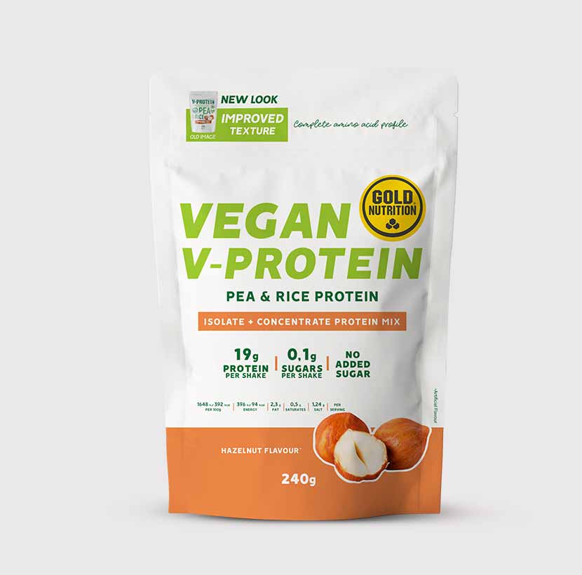 GoldNutrition V-PROTEIN hazelnut flavor in a 240g container, showing the product label and packaging.