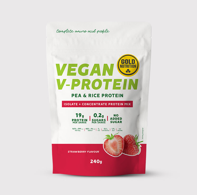 GoldNutrition V-PROTEIN hazelnut flavor in a 240g jar, showing the protein supplement with hazelnuts and nutritional label.