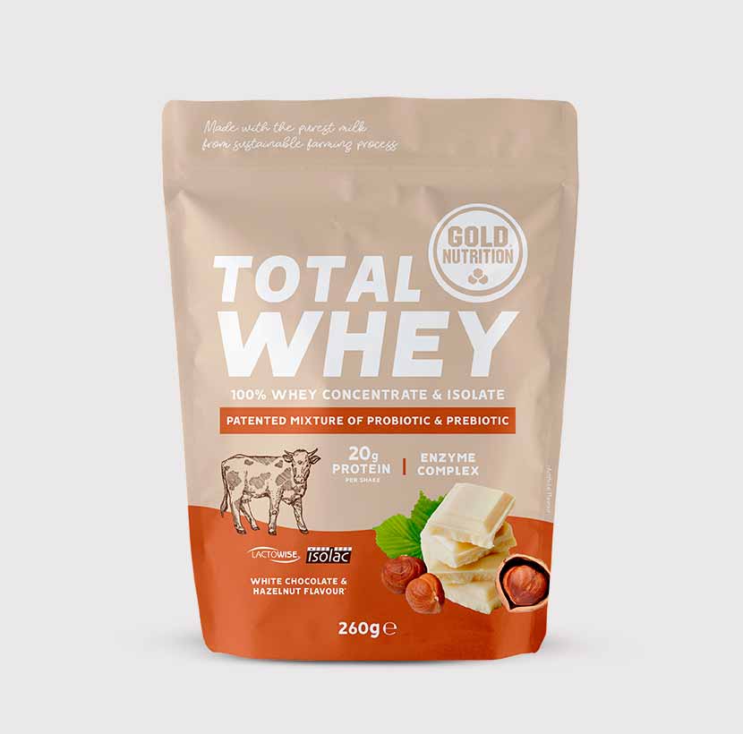 GoldNutrition Total Whey vanilla protein powder container, 260g jar with label and product branding visible.