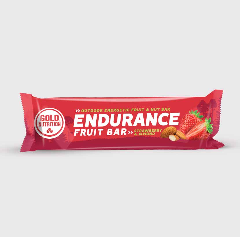 GoldNutrition Endurance Fruit Bar, a vitamins and supplements snack with real fruit pieces and nutritious ingredients.
