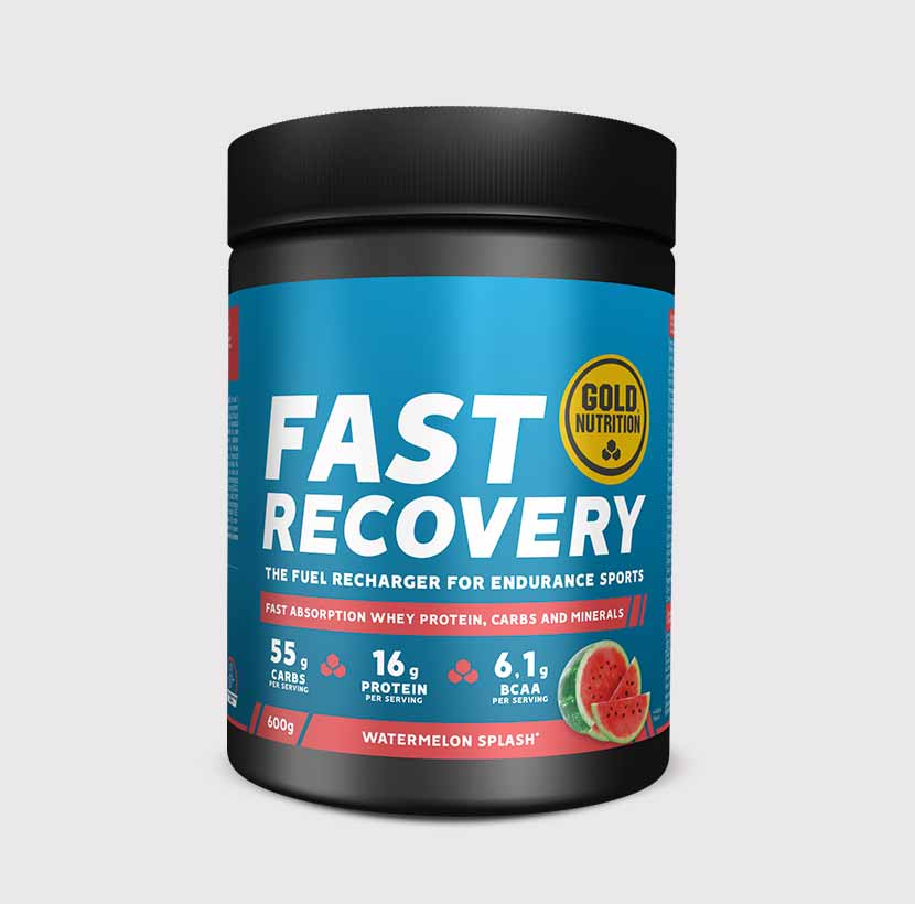 GoldNutrition FAST RECOVERY vitamins and supplements bottle with colorful label and capsules inside, designed for quick muscle recovery.