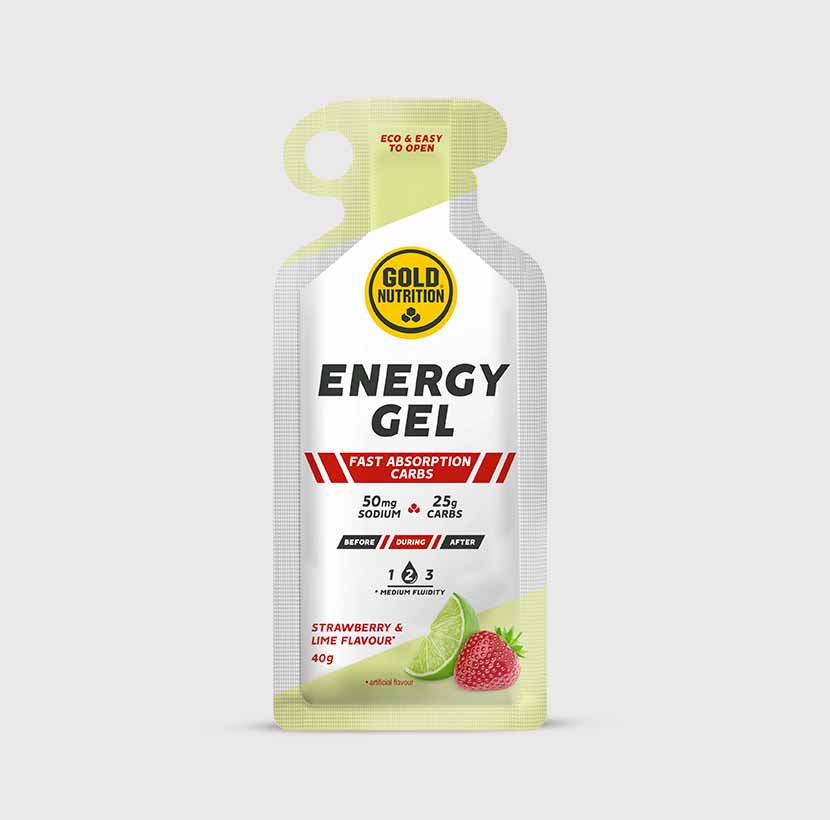 GoldNutrition Energy Gel product packet showing brand and flavour information.