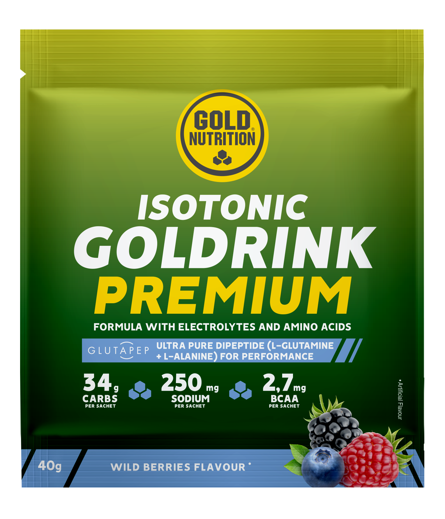 GoldNutrition GOLDRINK PREMIUM vitamins and supplements container, featuring colorful labeling and supplement capsules inside.
