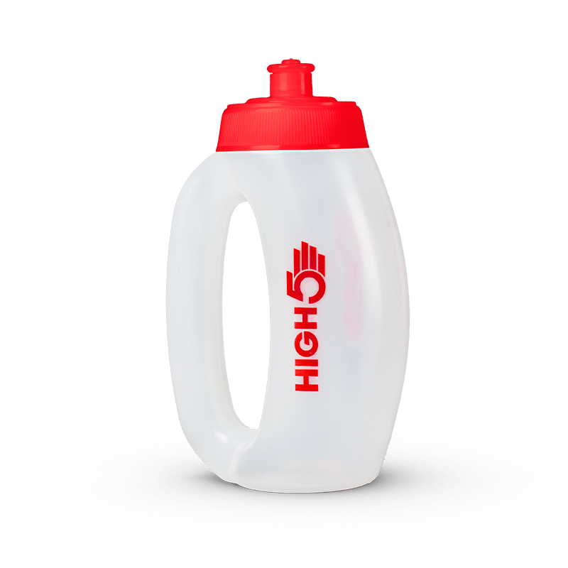 High5 350ml run bottle with a clear plastic body and blue screw-on lid, designed for athletes and running hydration.