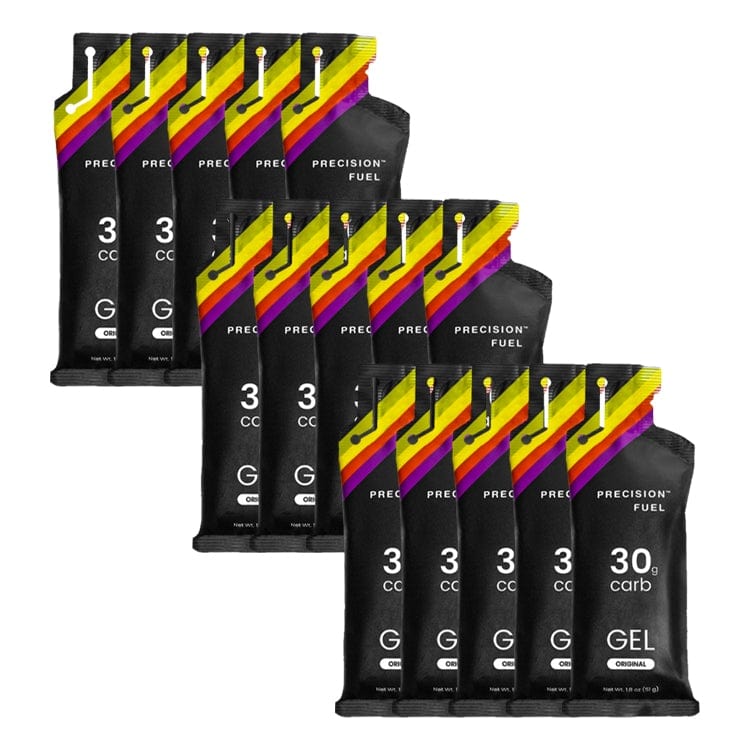 Single-serve PF 30 Gel by Precision Fuel & Hydration, energy gel packet with orange flavor for athletic performance.