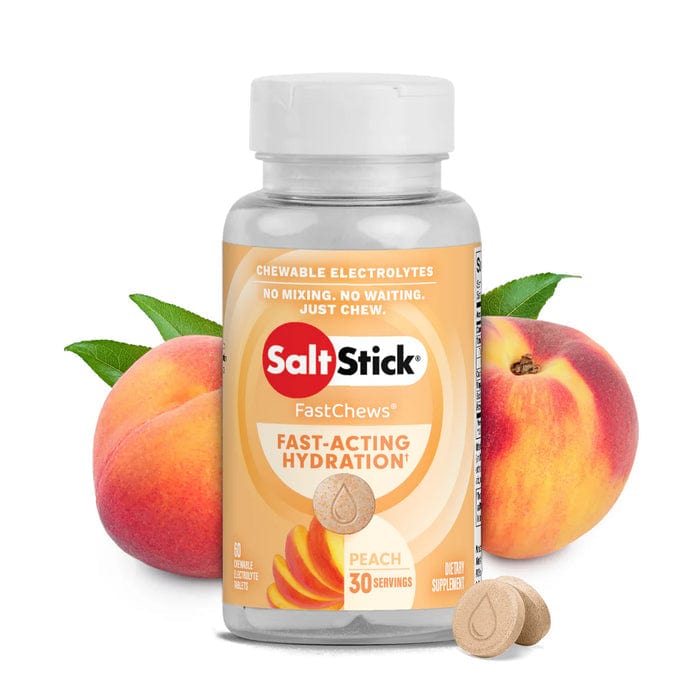 SaltStick Fastchews electrolyte supplement in a blister pack, featuring orange-flavored chews for hydration and muscle support.