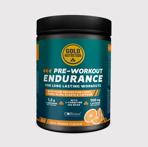 GoldNutrition Pre-Workout Endurance supplement powder in a clear container with a scoop, ready for use during exercise.