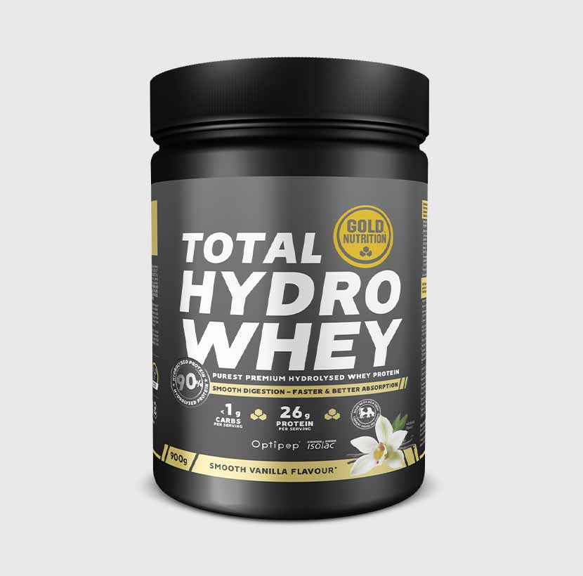 Vanilla-flavored GoldNutrition Total Hydro Whey protein powder in a sleek container, highlighting its brand and product type.