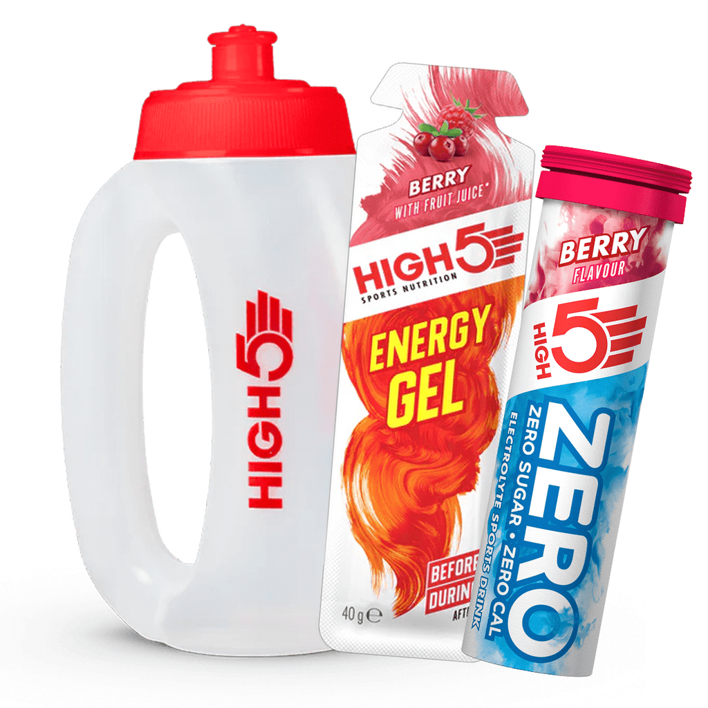 High5 Run Bottle Pack with two 350ml sports water bottles, featuring ergonomic design and secure caps for running hydration.