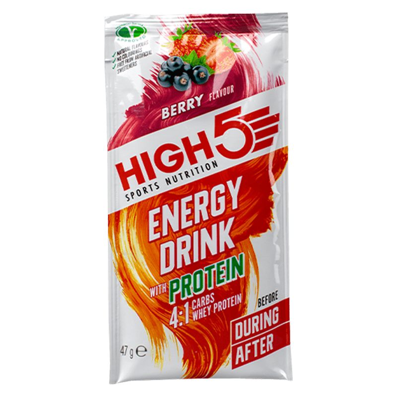 High5 energy drink with added protein in a sleek can, featuring vibrant branding and a refreshing beverage appearance.