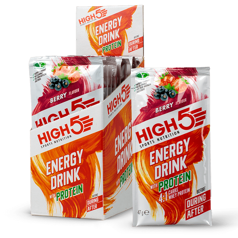 High5 energy drink with protein in a sleek can, showing vibrant label design and a refreshing beverage inside.