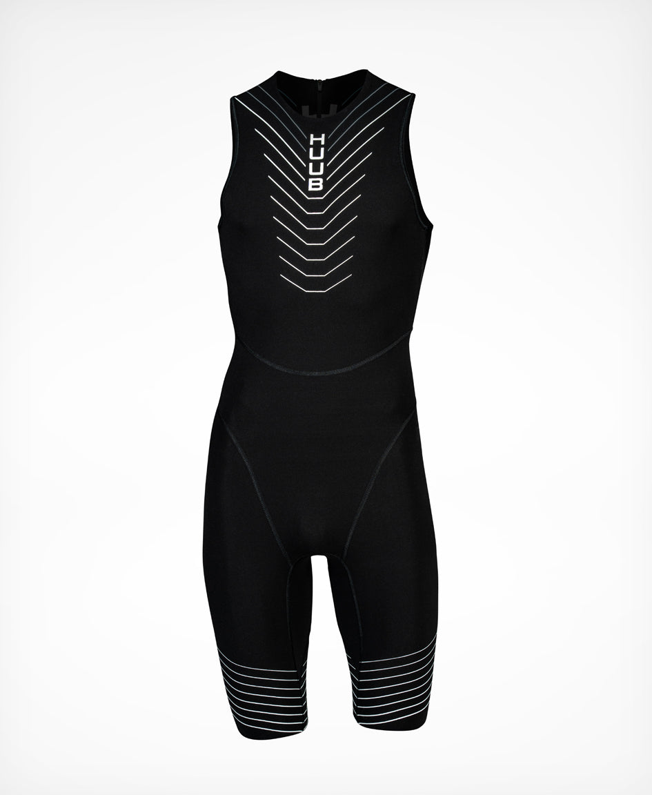 Men's HUUB Pinnacle Swimskin featuring core control, hydrophobic tech, and Andy Potts design for triathlon swimming.