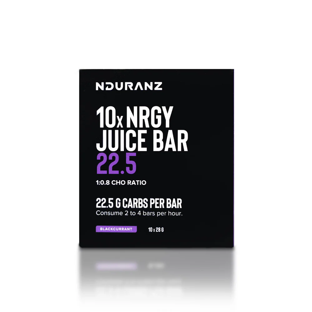 Nduranz Energy Juice Bar 22.5 with fresh fruit and nut ingredients, showcased on a white background.