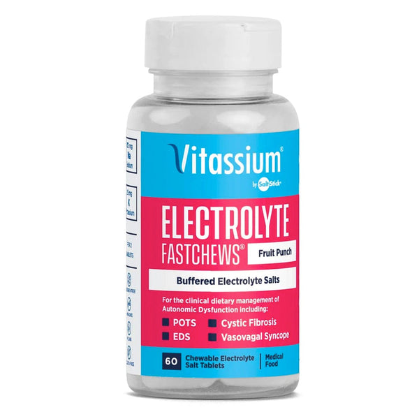 SaltStick Vitassium FastChews in Fruit Punch flavor, showing colorful chewable tablets for electrolyte replenishment.