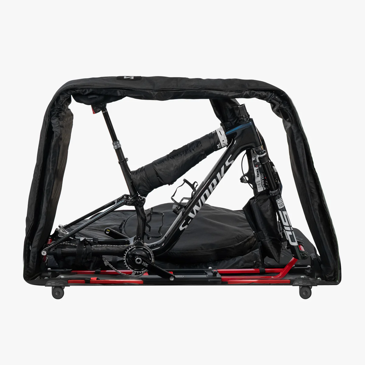 Scicon Aerocomfort MTB bike travel bag with padded exterior, carrying handles, and wheels for easy transport of mountain bikes.