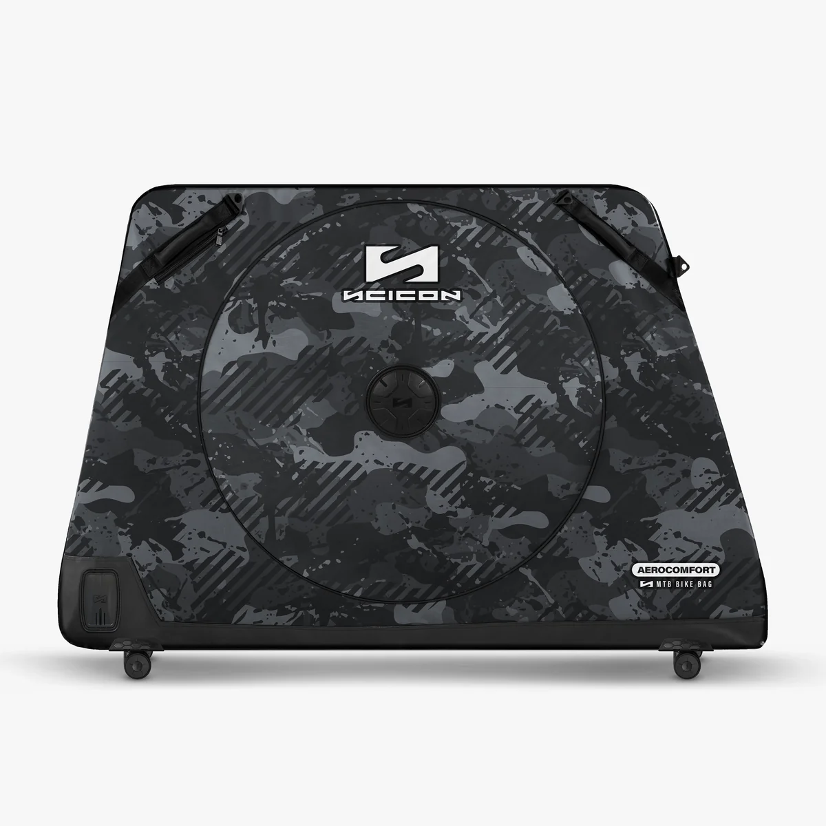 Scicon Aerocomfort MTB mountain bike travel bag with padded exterior and sturdy handles for secure transport of bikes.